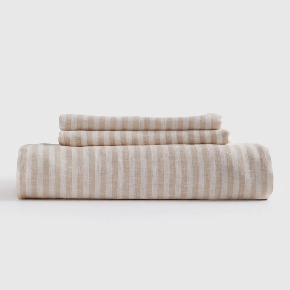 NWT QUINCE European Linen Stripe Fitted Sheet Set Queen Natrl/Wht Stripe 3287 - Picture 1 of 7